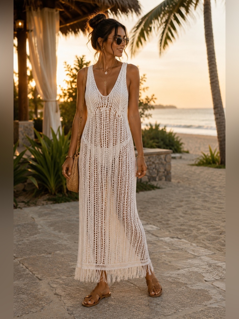 Women's White Crochet Swim Coverup Maxi Dress
